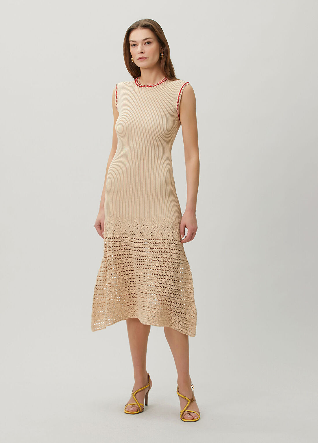 Fendi Bej Ribli Midi Elbise