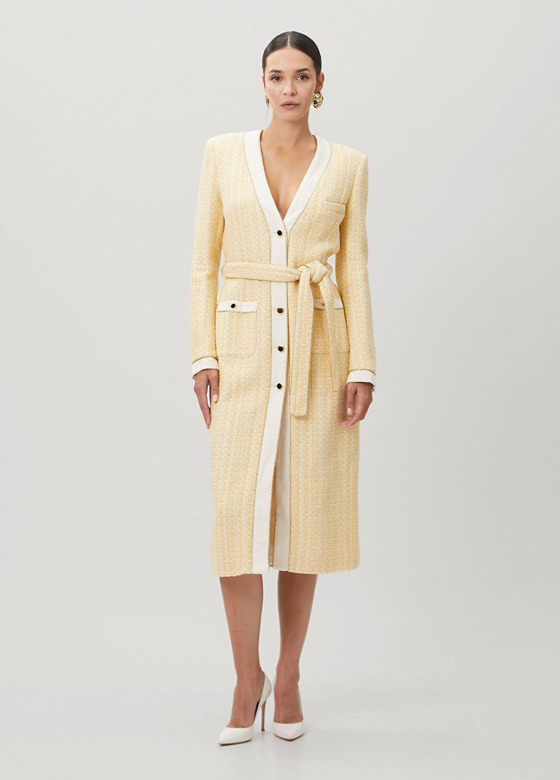 Alessandra Rich Sarı Midi Tweed Elbise