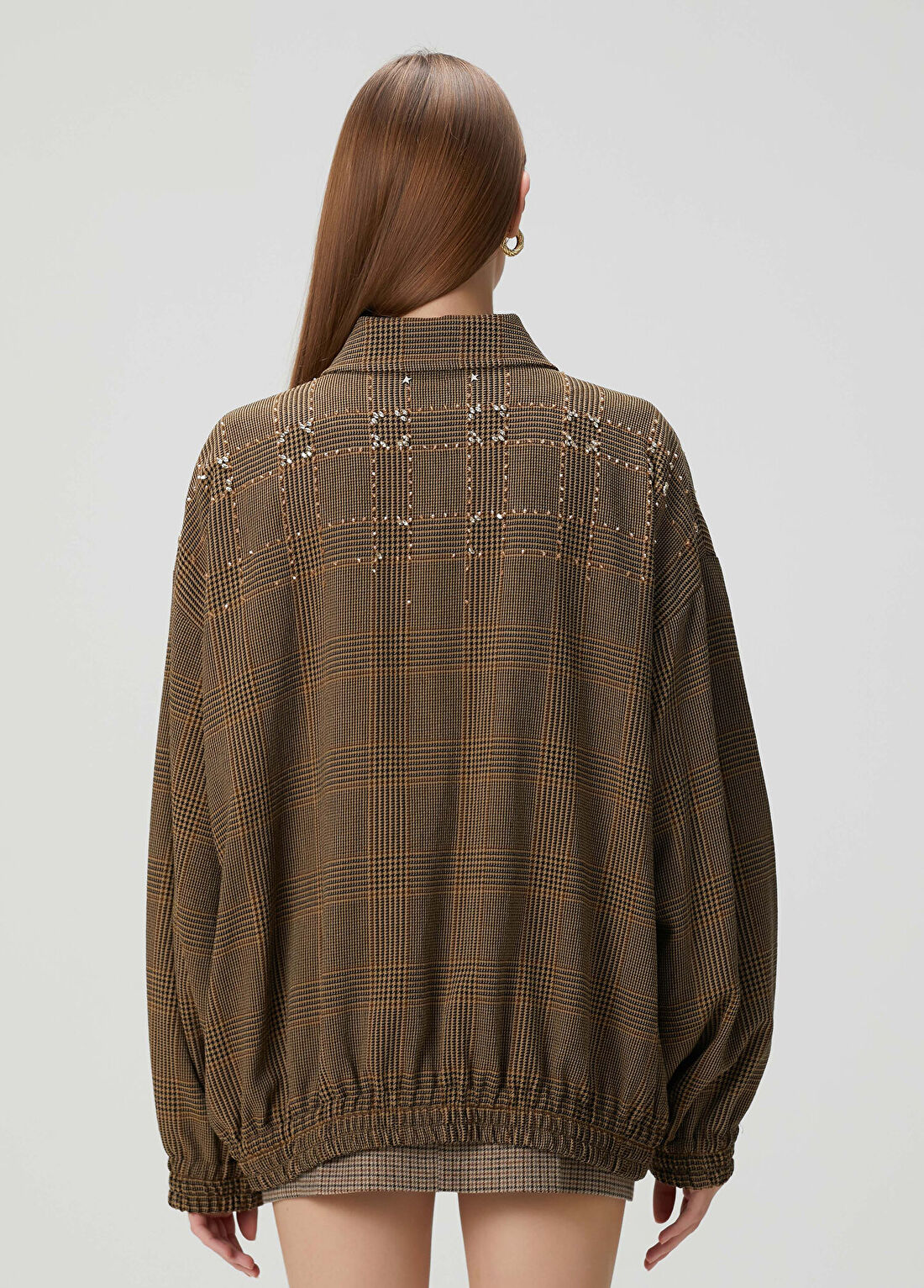 Golden Goose Bej Kahverengi Ekoseli Taşlı Yün Bomber Ceket görsel 4