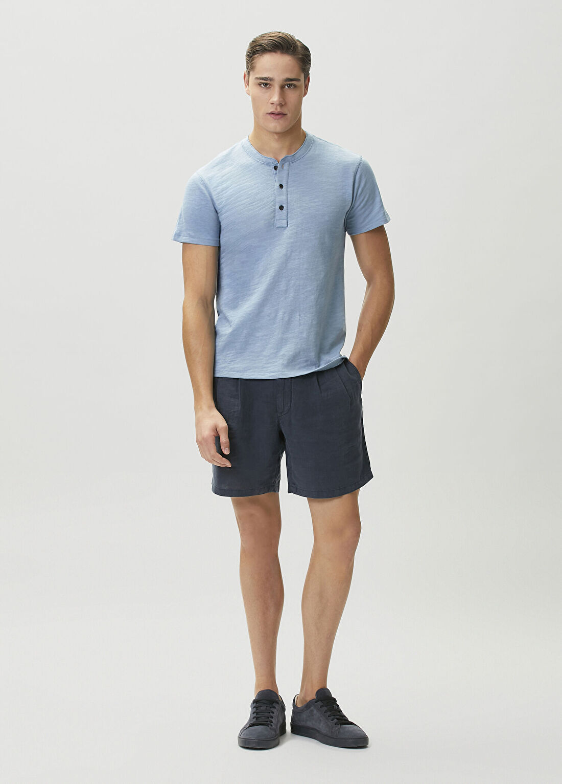 Rag&Bone Lacivert Çift Pilili Keten Bermuda