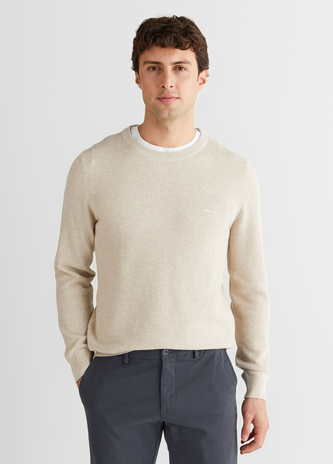 Gant Bej Regular Fit Bisiklet Yaka Uzun Kollu Erkek Triko Kazak