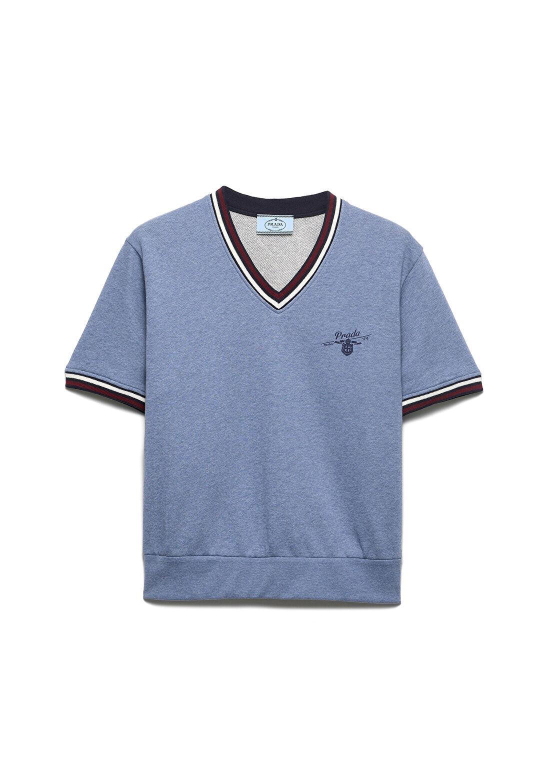 Prada Mavi Pamuklu Polar V Yaka Kısa Kollu Kadın Sweatshirt