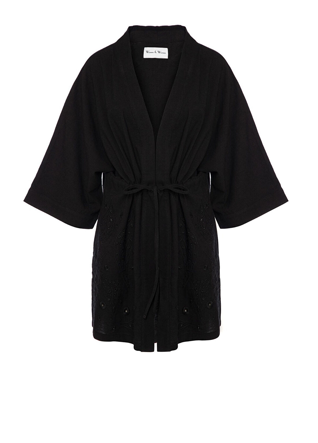 Women&Women Alexandria Keten Karışımlı Nakışlı Siyah Kadın Kısa Kimono