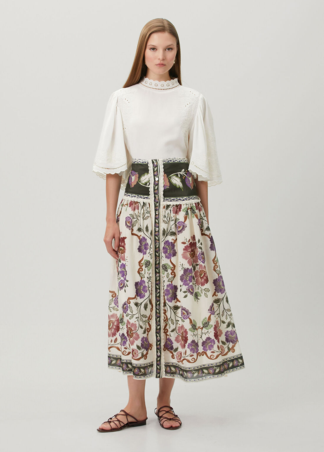 Farm Rio Rococo Flowers Renkli Midi Etek