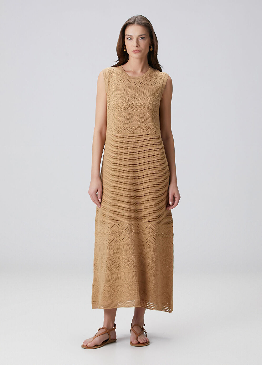 Beymen Collection Bej Ajurlu Midi Koton Triko Elbise