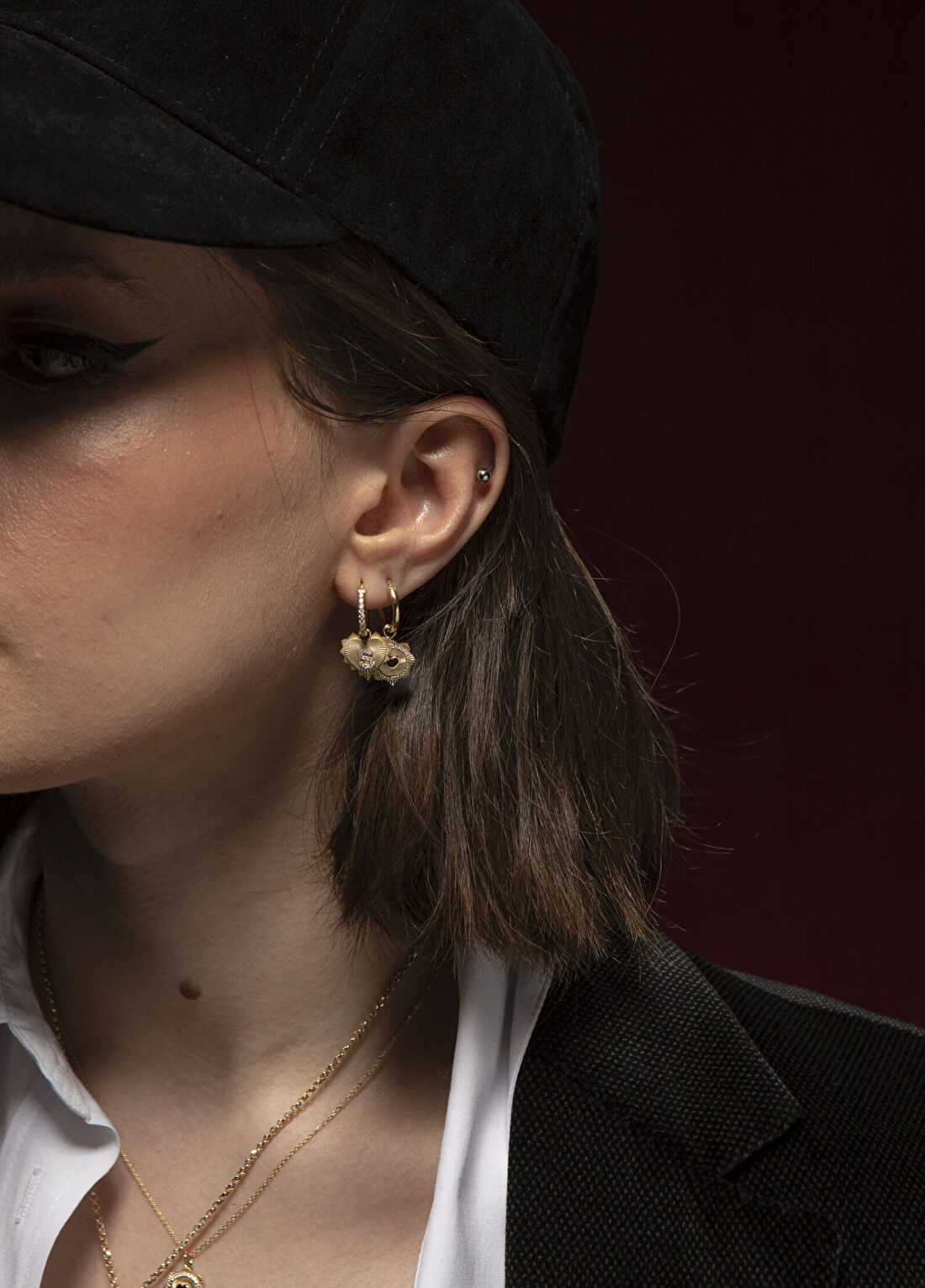 LARİSSA Gold Hoop Heart Pırlanta Taşlı 14 Ayar Altın Kadın Küpe görsel 2