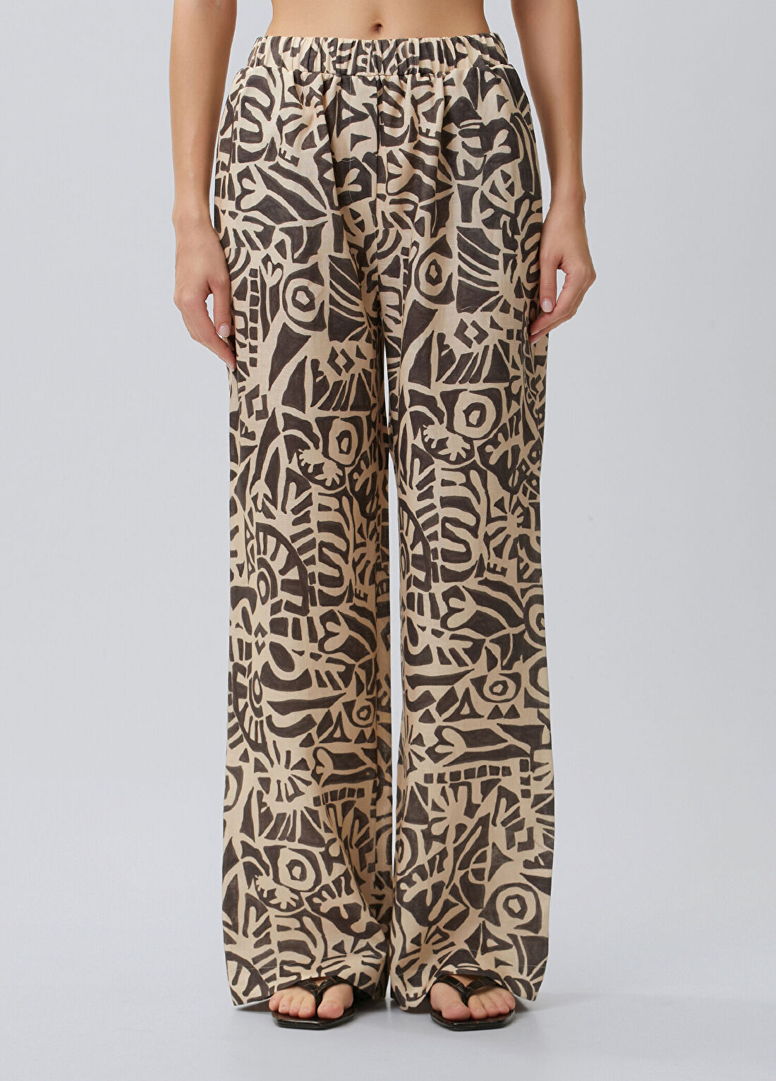 Beymen Collection Kahverengi Krem Geometrik Desenli Keten Pantolon görsel 2
