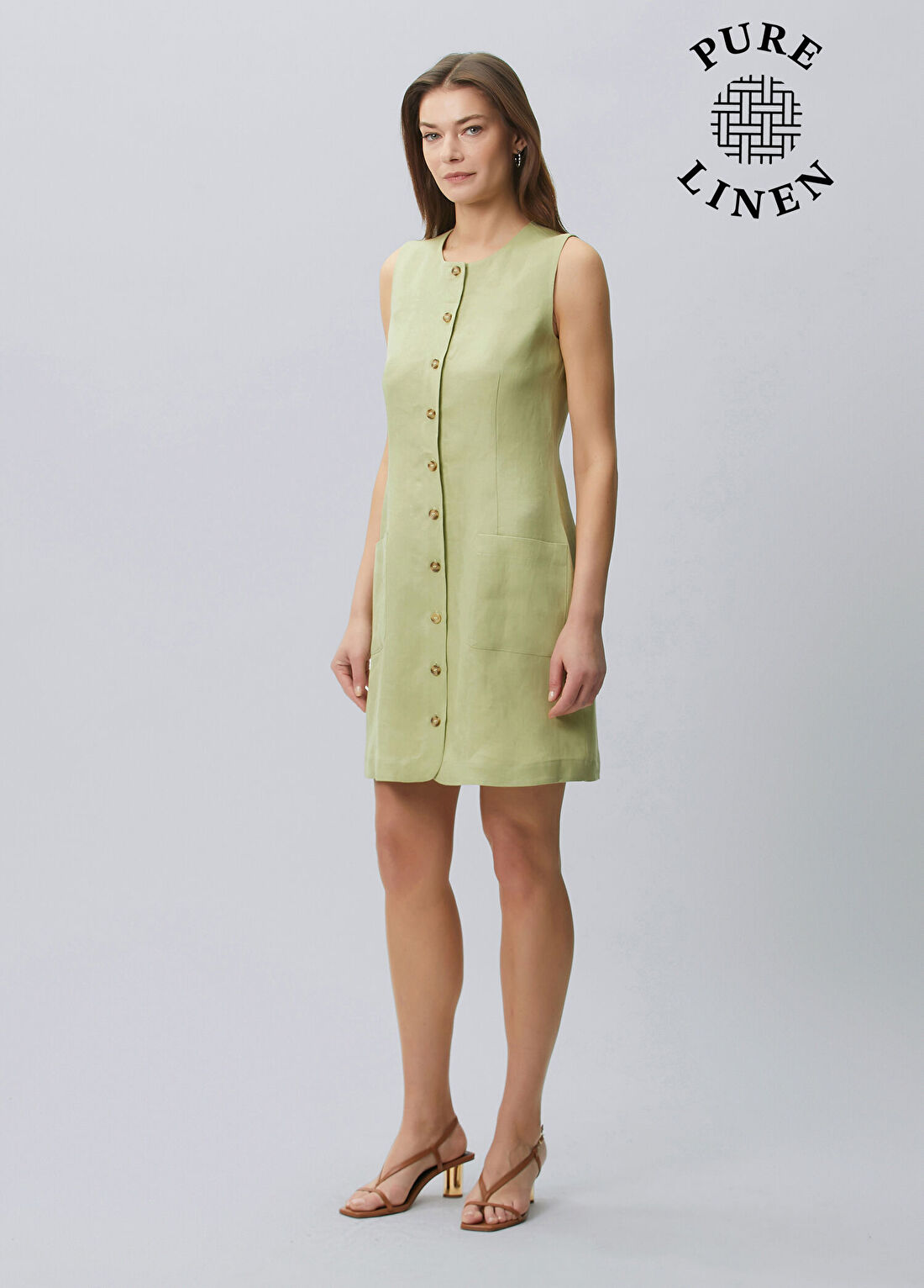 Beymen Collection Yeşil Önü Düğmeli Mini Keten Elbise
