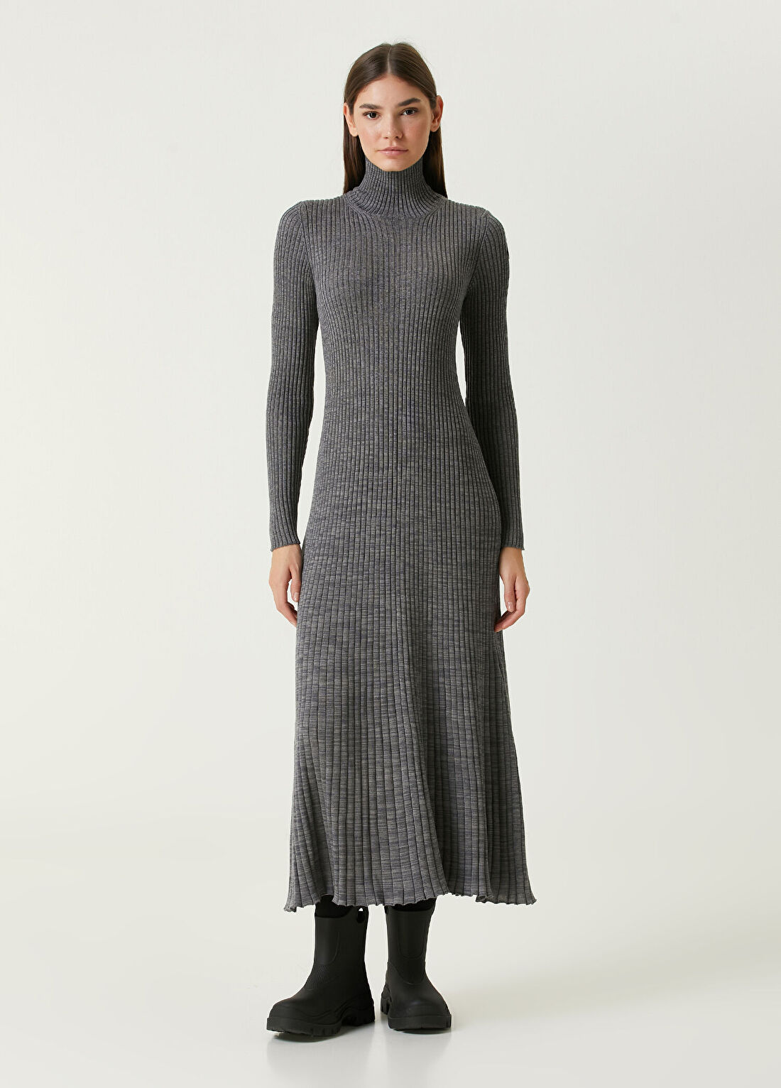 Moncler Koyu Gri Ribli Midi Yün Elbise