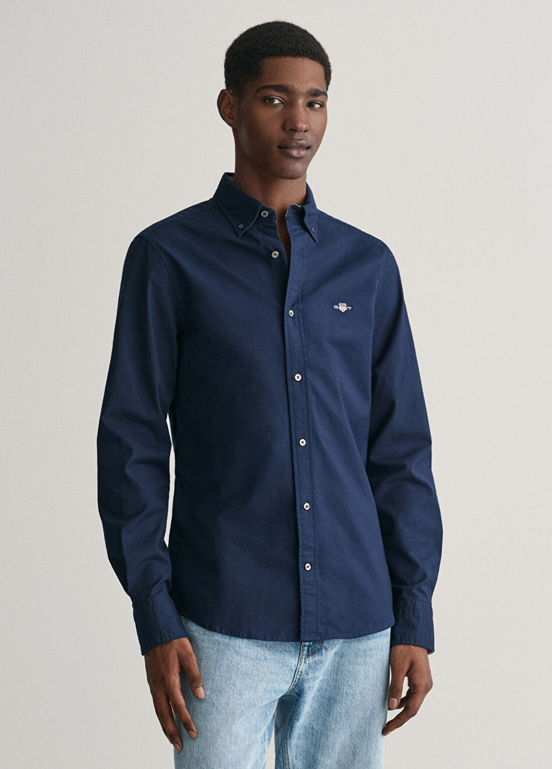 Gant Lacivert Slim Fit Düğmeli Yaka Uzun Kollu Erkek Gömlek