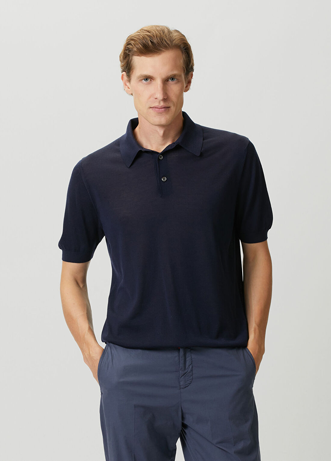 Kiton Lacivert Polo Yaka Kısa Kollu Yün Triko