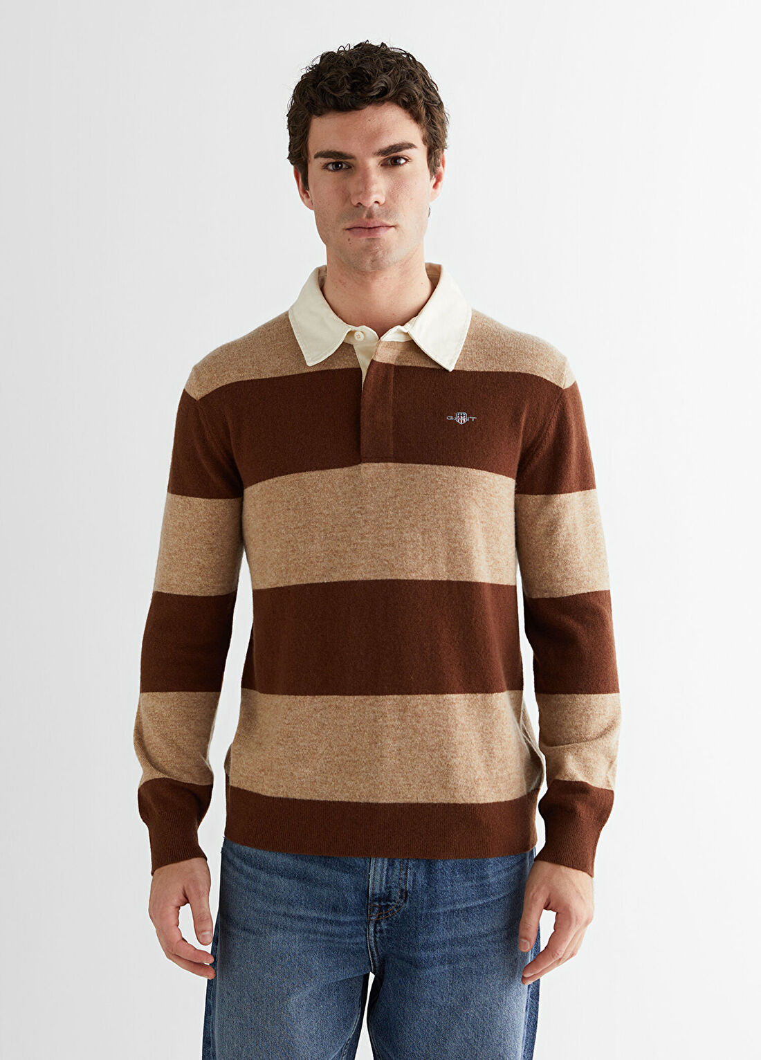 Gant Bej Regular Fit Polo Yaka Uzun Kollu Erkek Triko Kazak