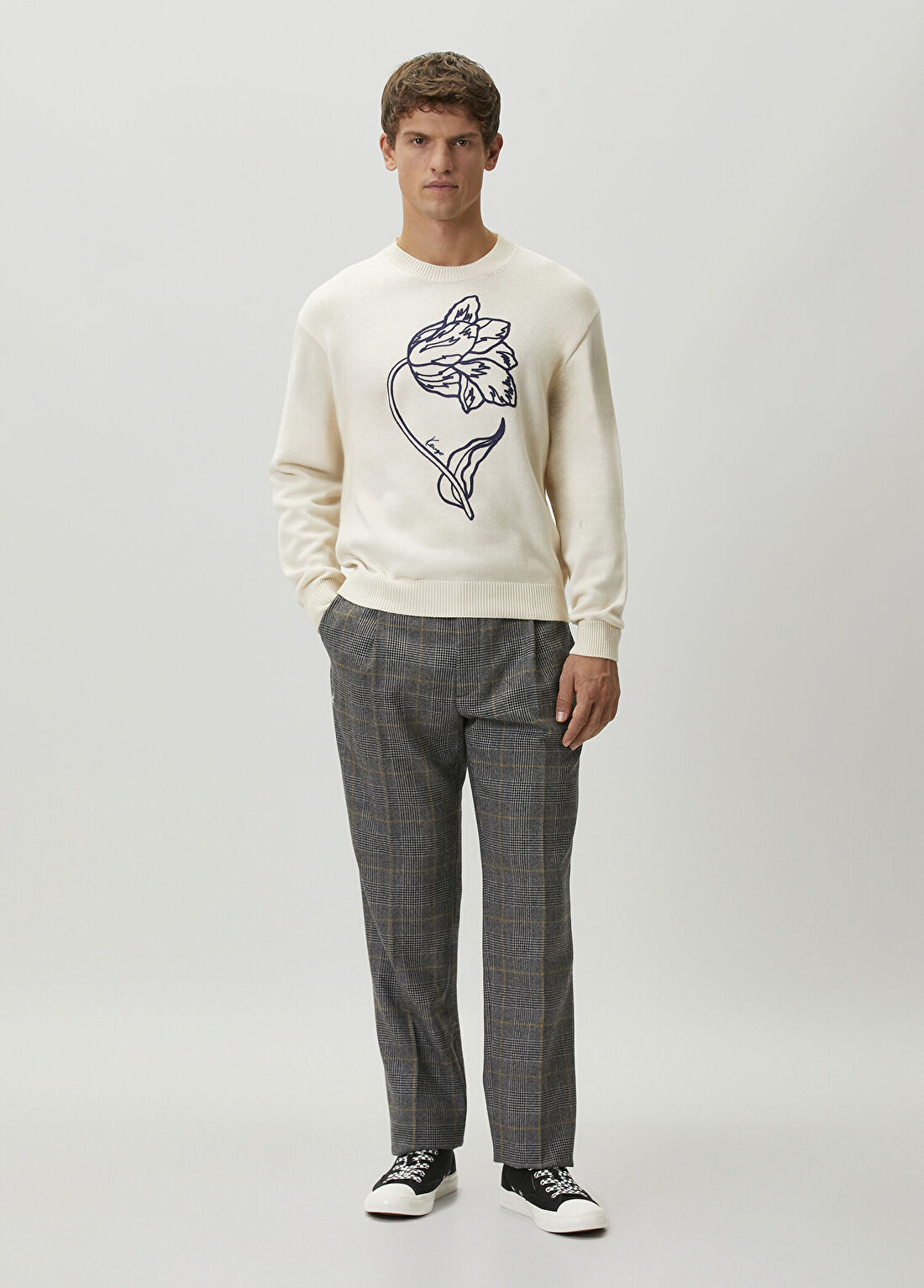 Kenzo Gri Ekose Desenli Pileli Yün Pantolon