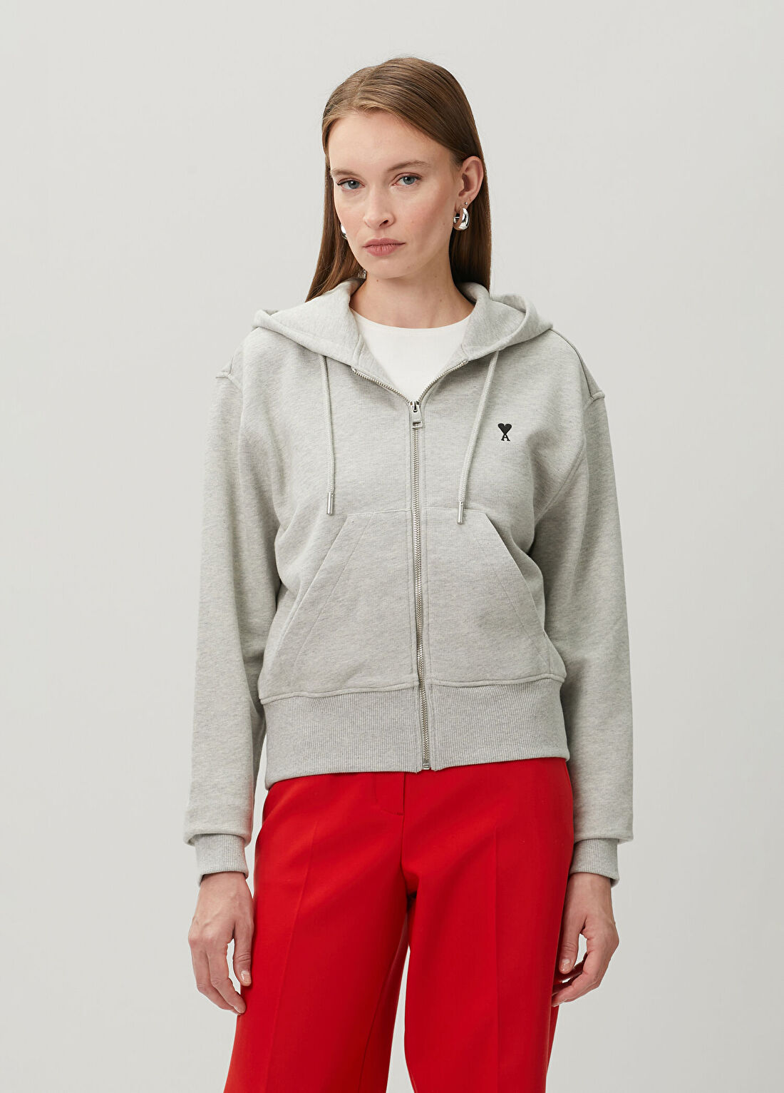 Ami Paris Gri Kapüşonlu Fermuarlı Sweatshirt