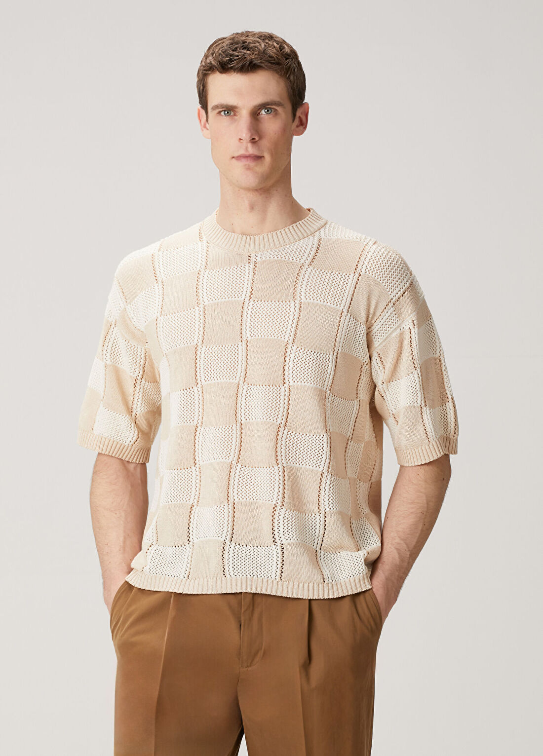 Laneus Bej Patchwork Detaylı Kısa Kollu Triko