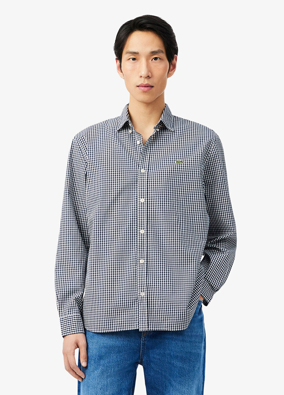 Lacoste Lacivert Ekoseli Düğmeli Yaka Regular Fit Uzun Kollu Erkek Gömlek