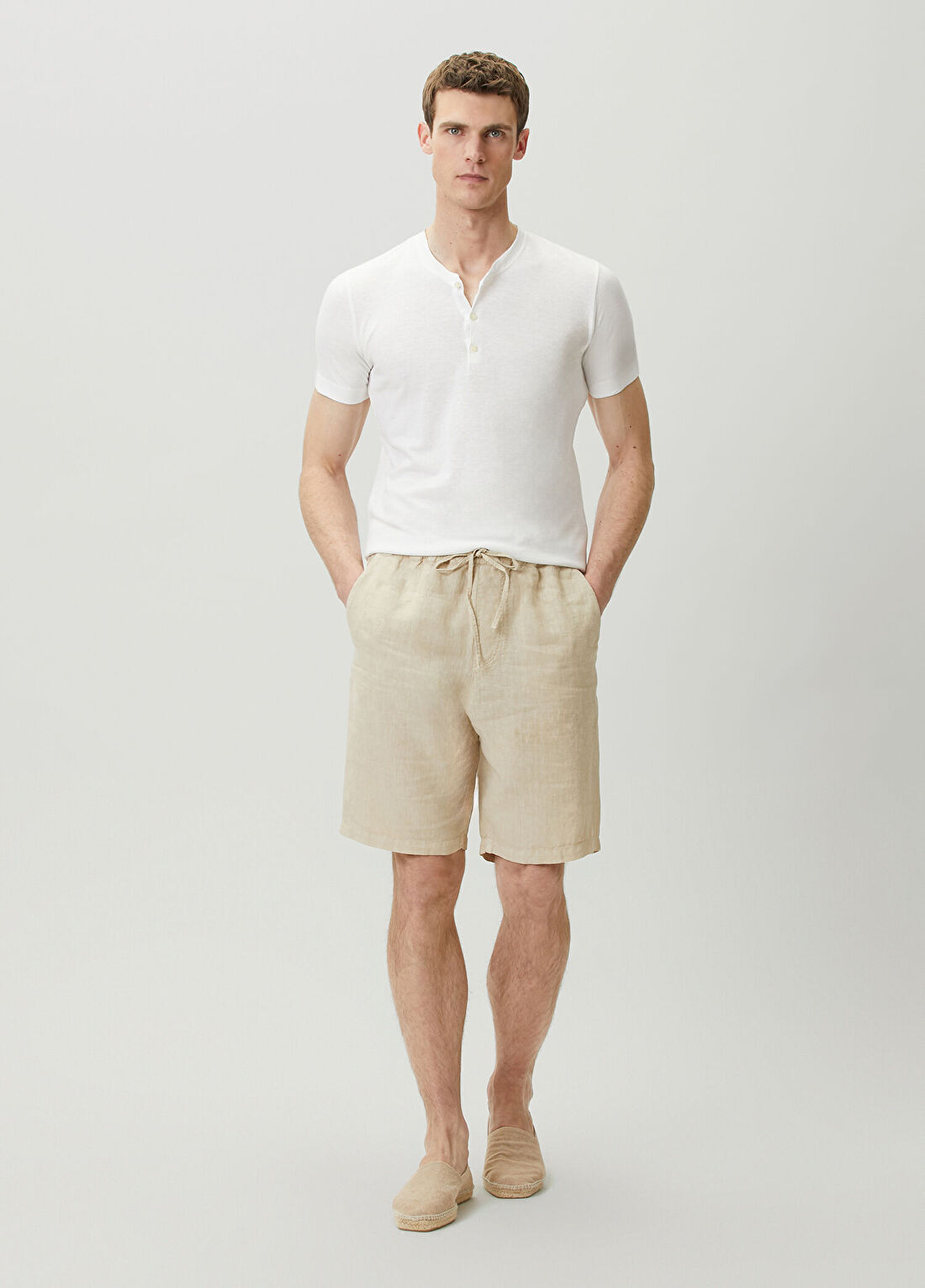 120% Lino Bej Keten Bermuda
