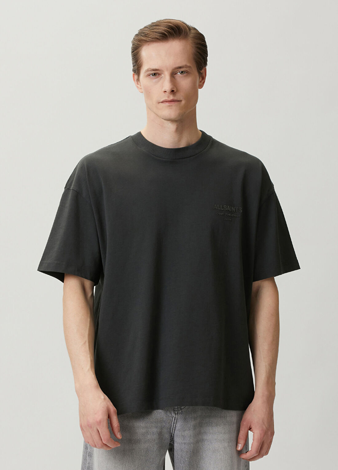 AllSaints Xander Gri Logo Baskılı T-shirt