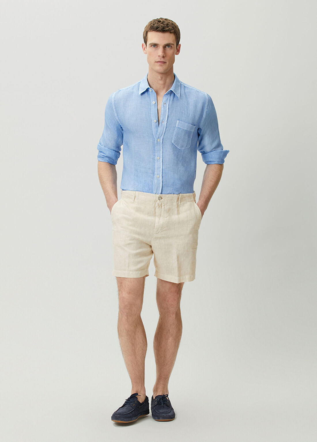 120% Lino Ekru Keten Bermuda