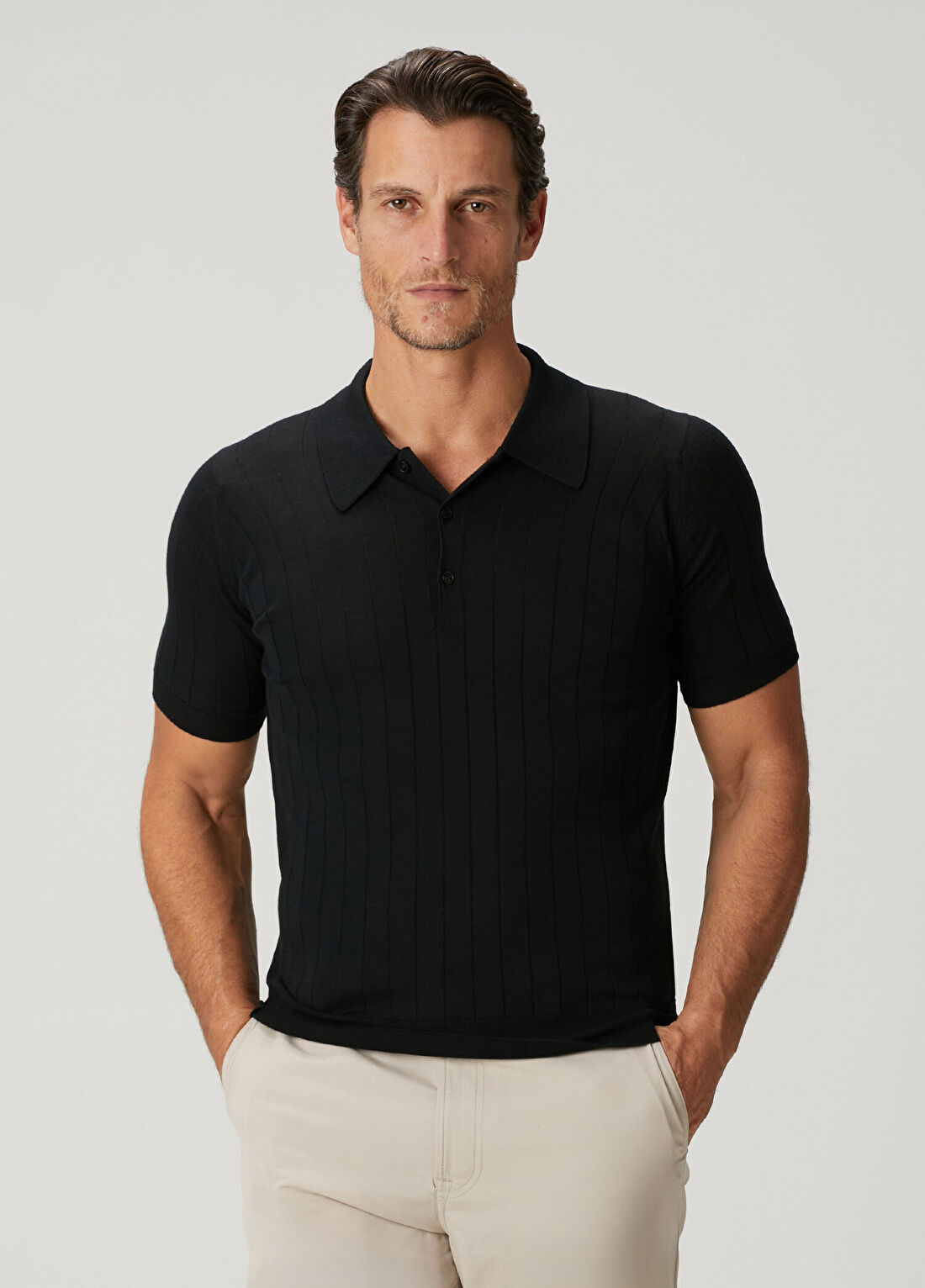 John Smedley Willi Siyah Polo Yaka Çizgili Kısa Kollu Yün Triko