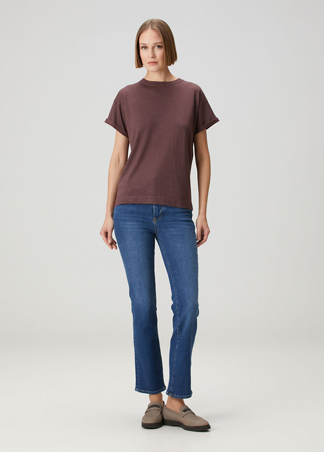 Brunello Cucinelli Mürdüm Simli Kaşmir T-shirt görsel 2