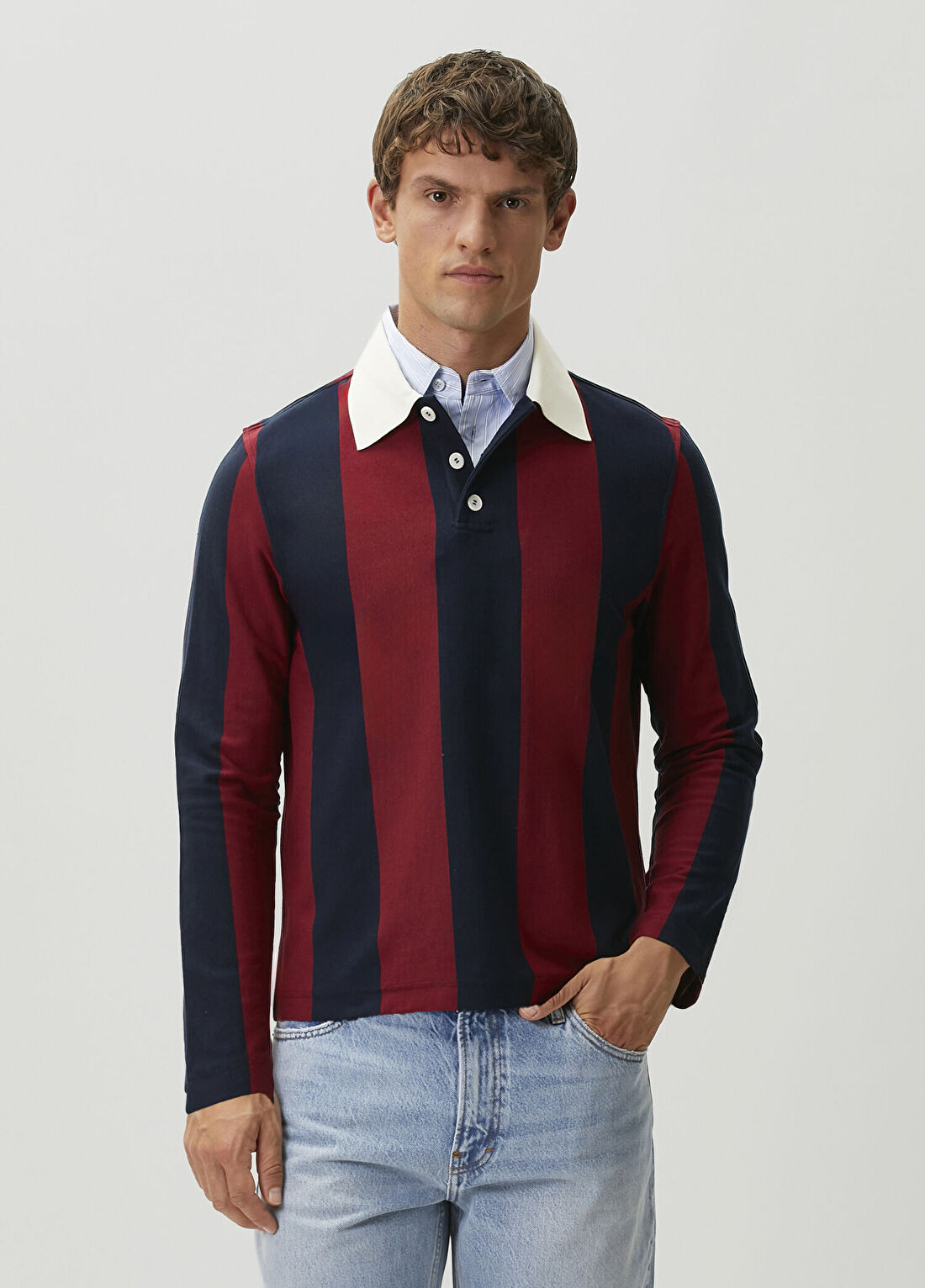 Mithridate Rubgy Bordo Polo Yaka Çizgi Desenli Sweatshirt