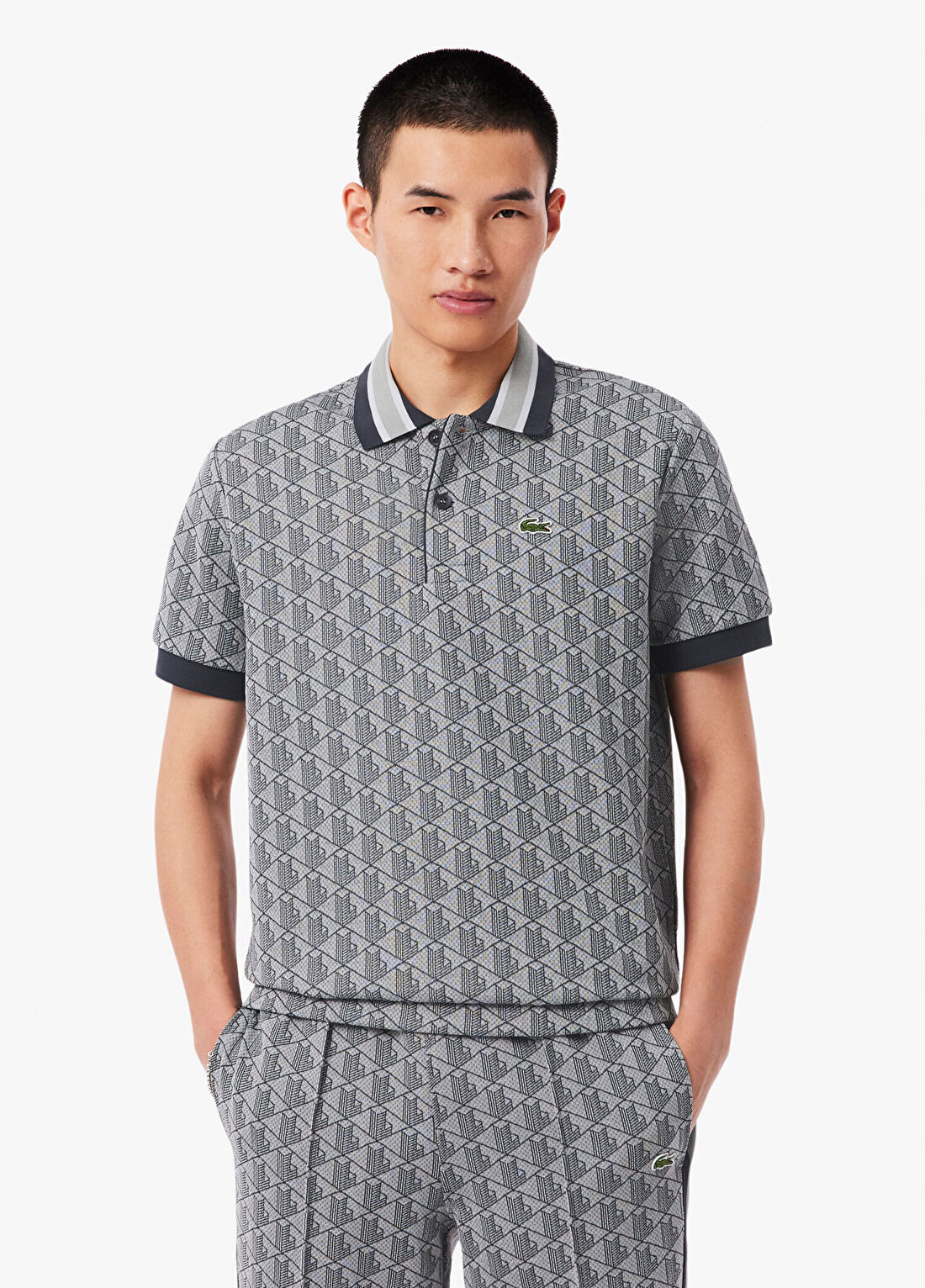 Lacoste Gri Monogram Polo Yaka Classic Fit Kısa Kollu Erkek T-shirt