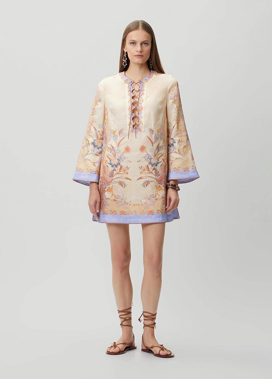 Zimmermann Indra Çiçek Desenli Mini Keten Abiye Elbise