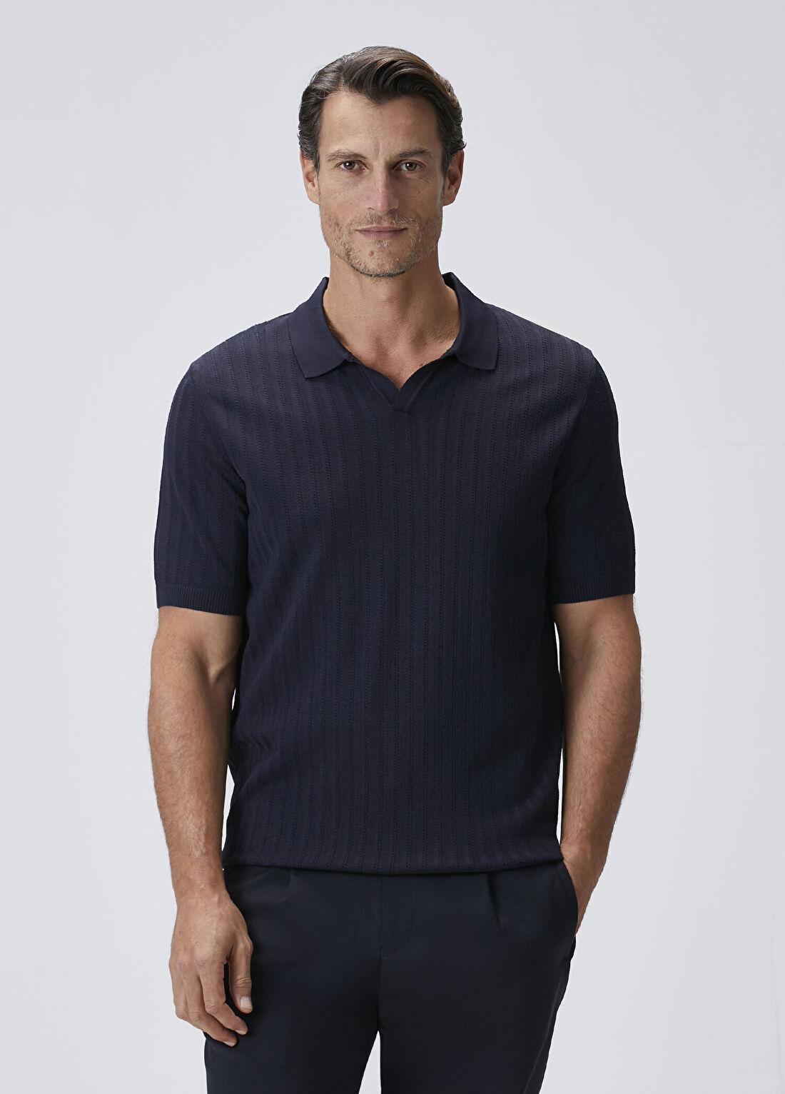 Beymen Collection Lacivert Polo Yaka Jakarlı Kısa Kollu Triko