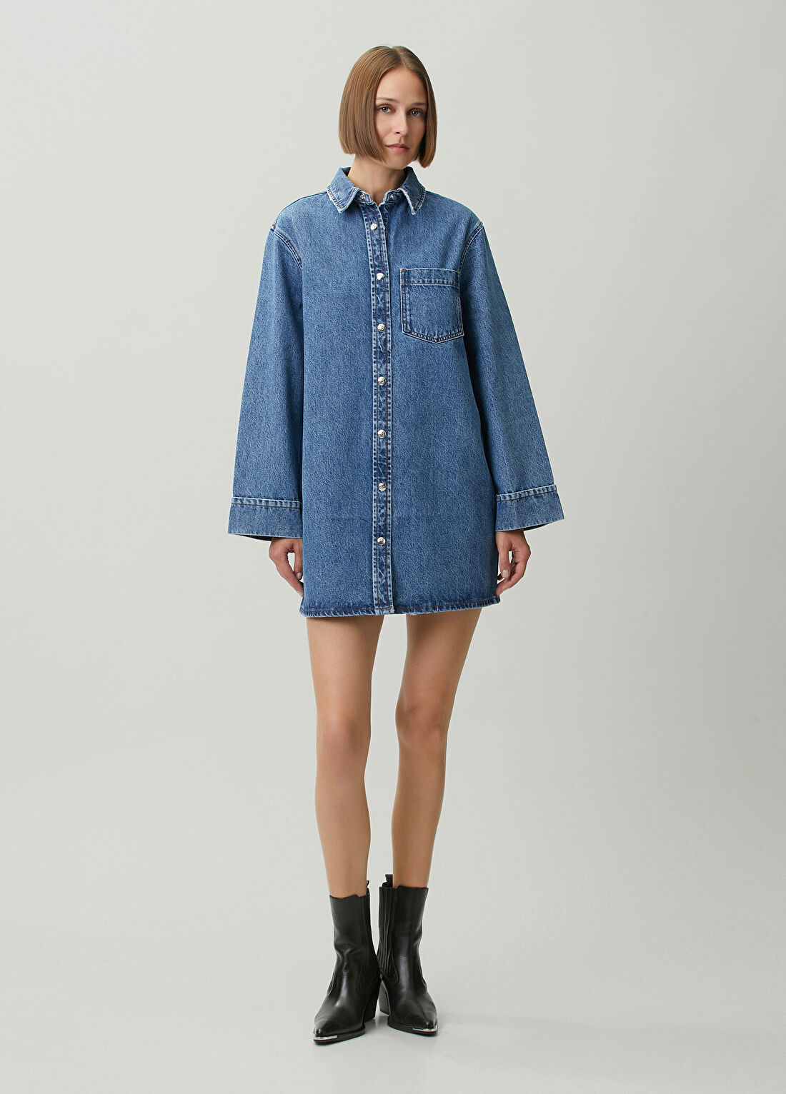 Anine Bing Mary Mavi Uzun Kollu Mini Denim Elbise