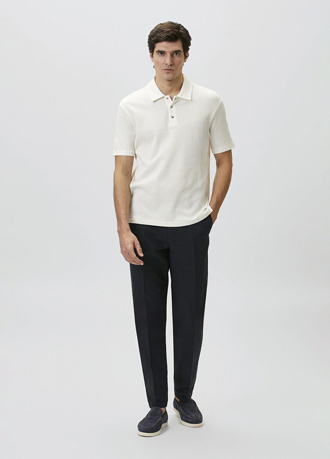 Network Slim Fit Beyaz Polo Yaka Waffle T-shirt görsel 2