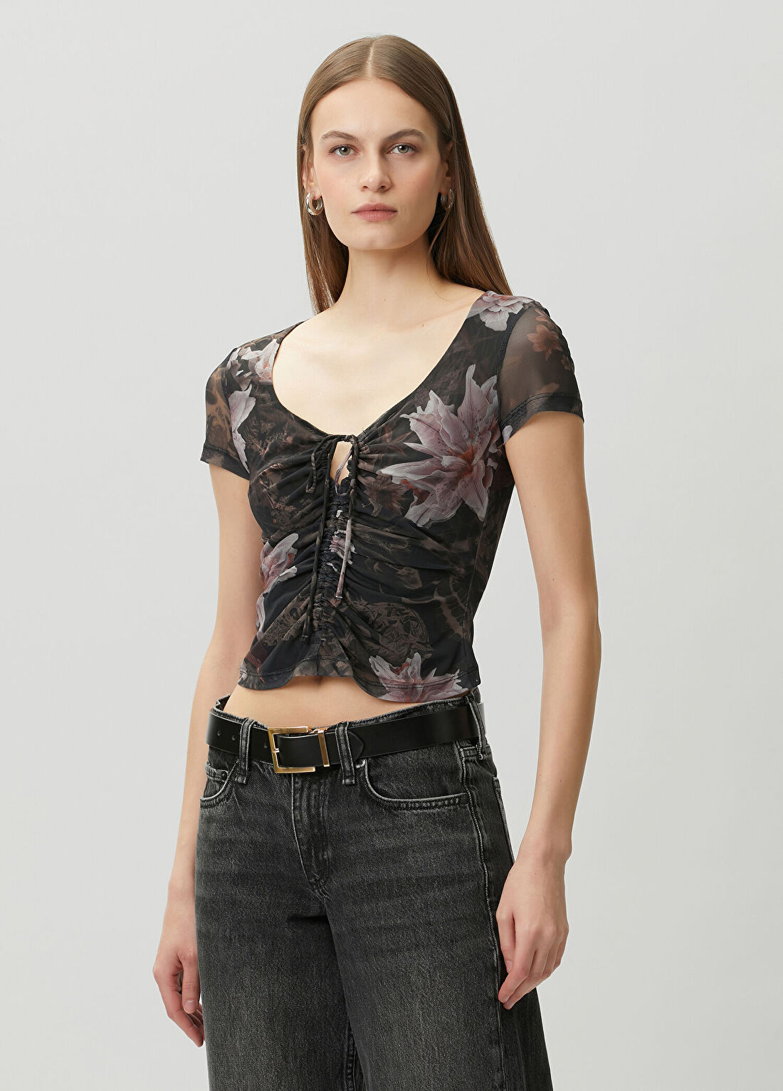 AllSaints Gabby Siyah Çiçekli Tül Bluz görsel 3