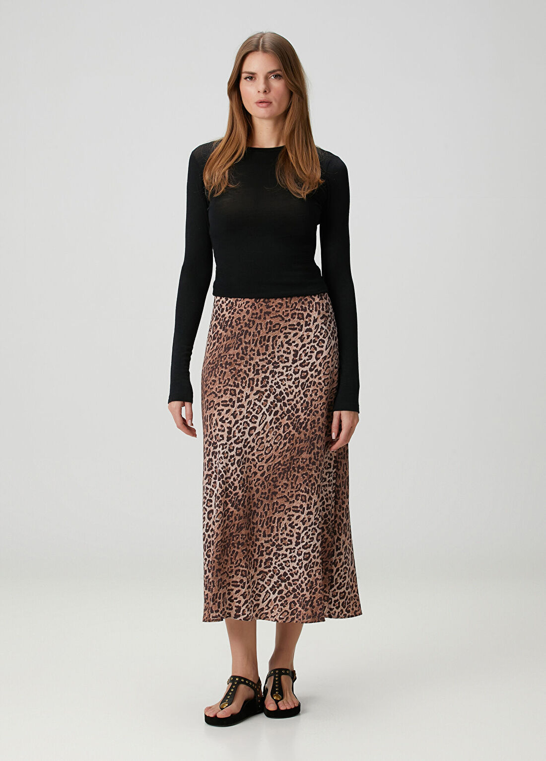 Rixo Kelly Leopar Desenli Midi İpek Etek