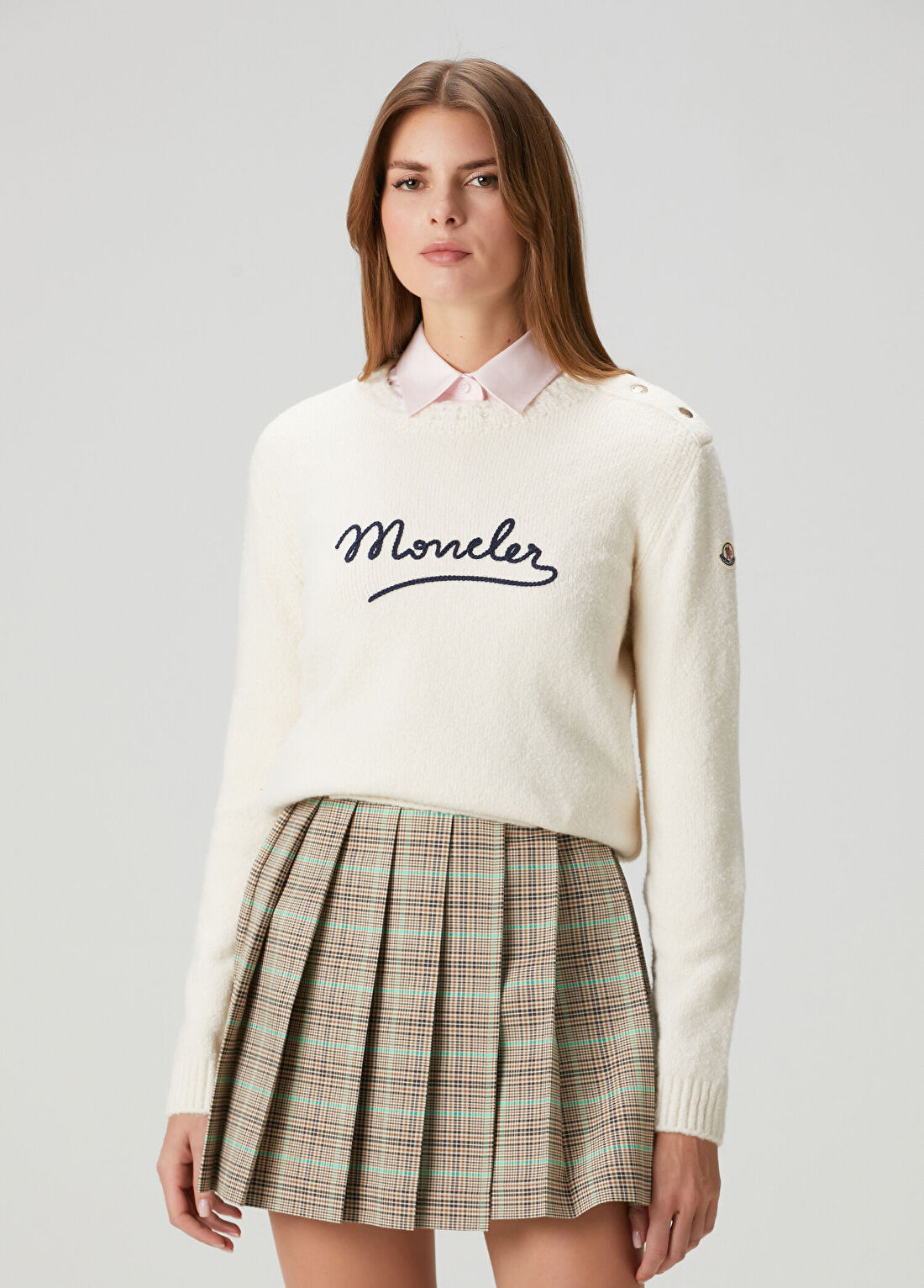 Moncler Ekru Logo Nakışlı Triko