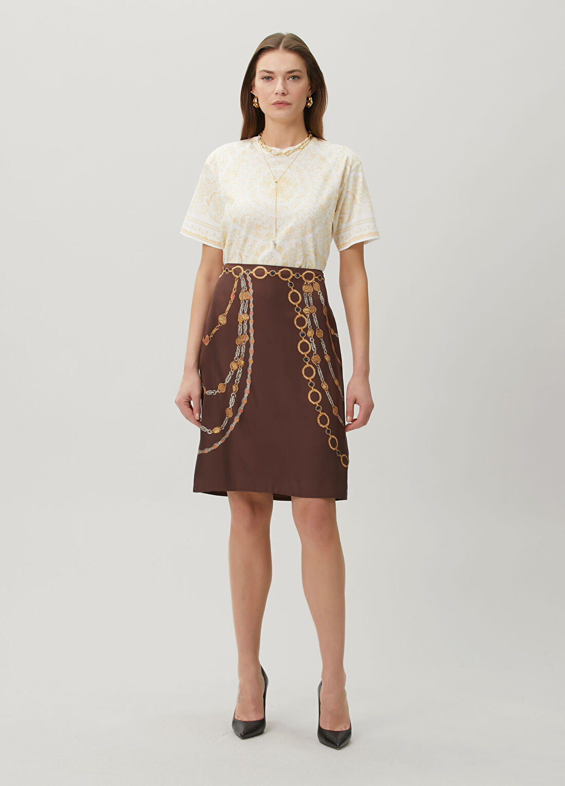 Versace Kahverengi Midi İpek Etek