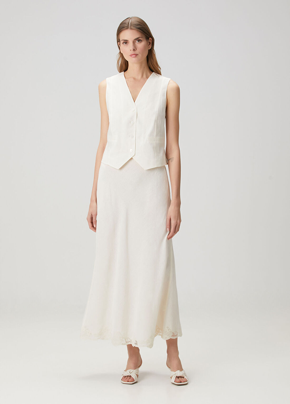 Rixo Crystal Krem Midi Keten Etek