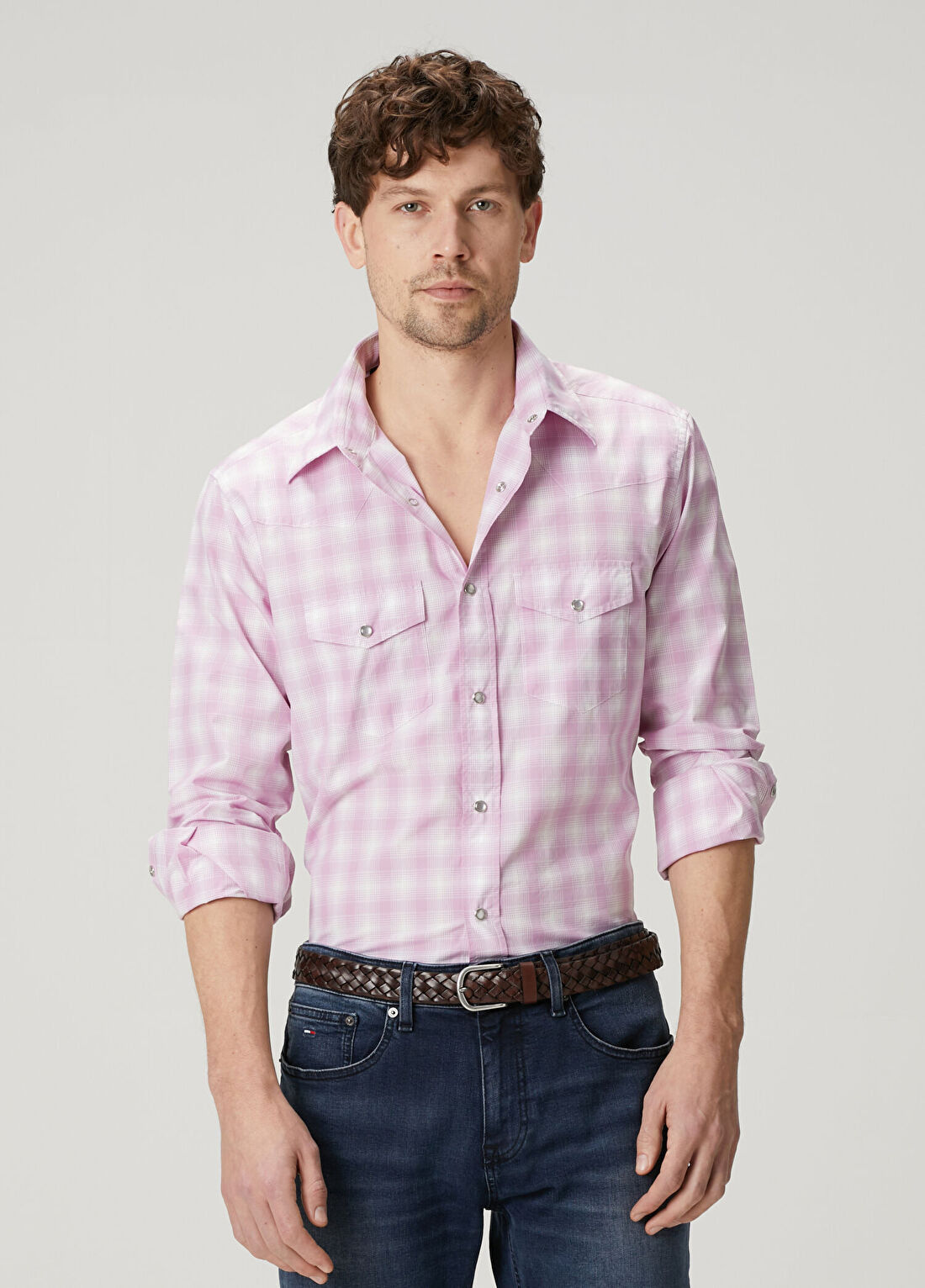 Tom Ford Slim Fit Pembe Ekose Desenli Western Gömlek