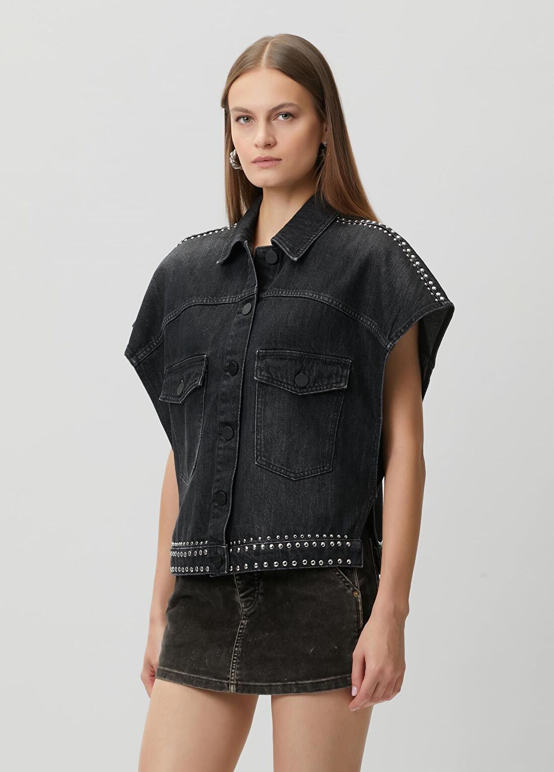AllSaints Alba Stud Siyah Denim Gömlek görsel 3