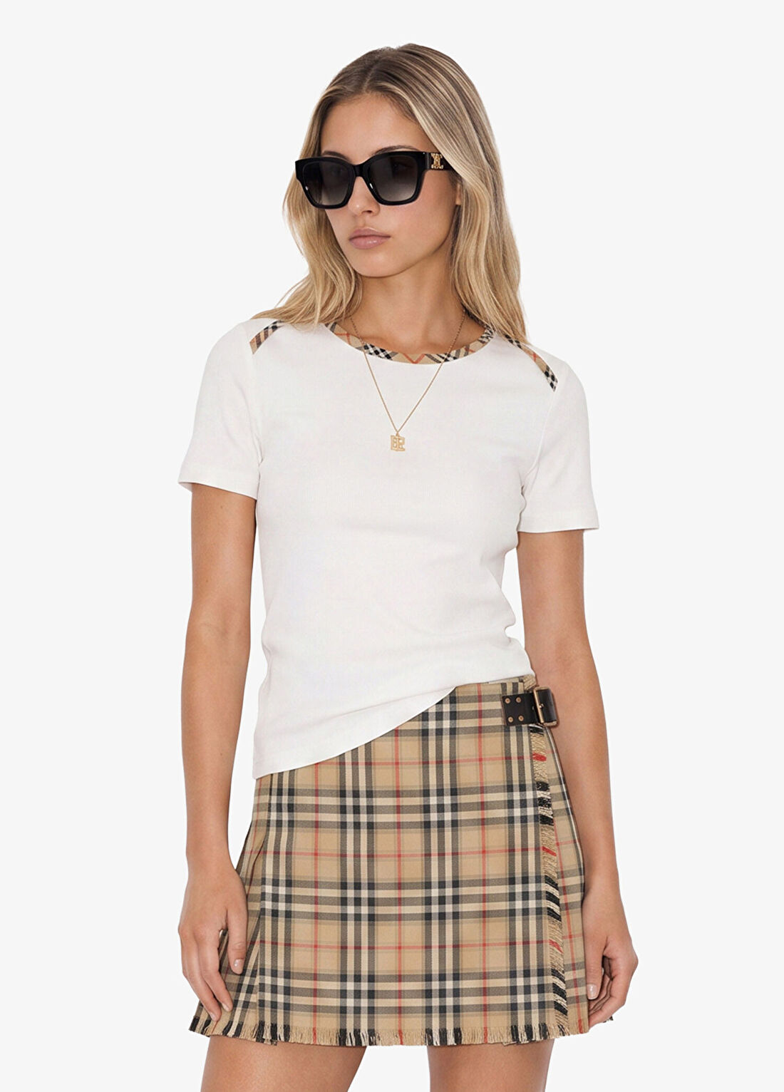 Burberry Check Trim Beyaz Kısa Kollu Kadın T-Shirt
