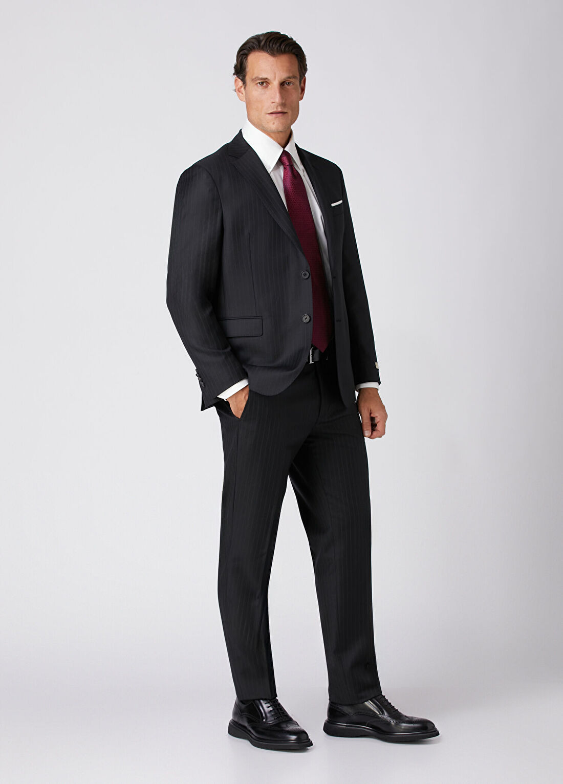 Beymen Collection Drop 4 Siyah Mono Yaka Çizgili Yün Takım Elbise