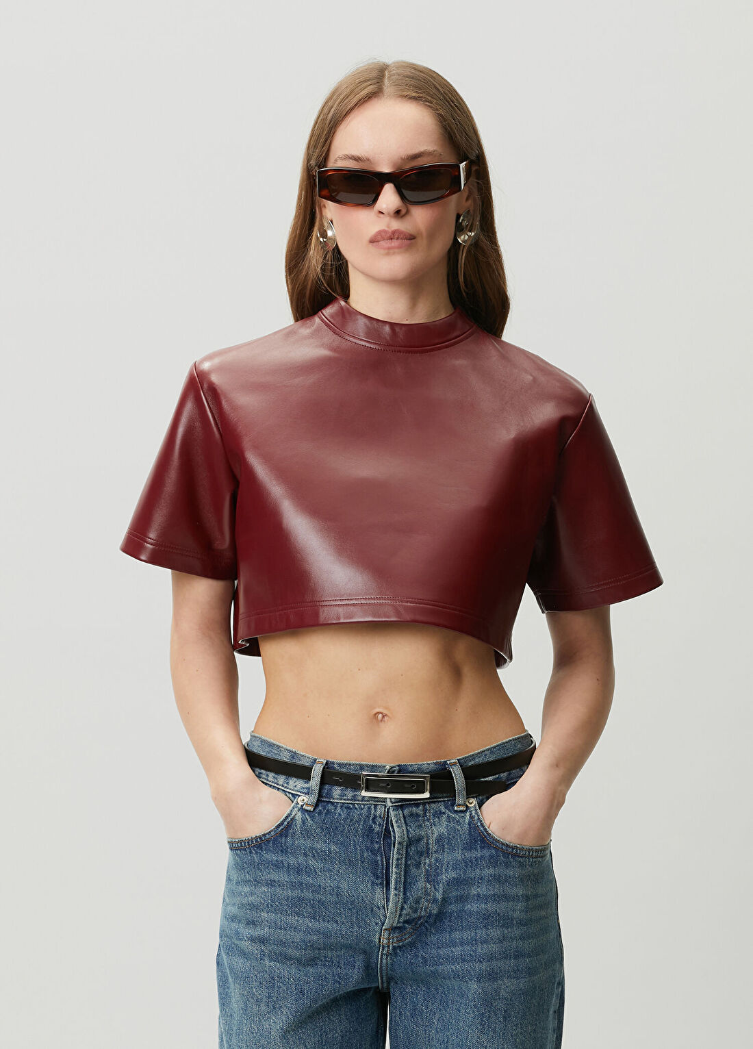 Balenciaga Bordo Crop Deri Bluz