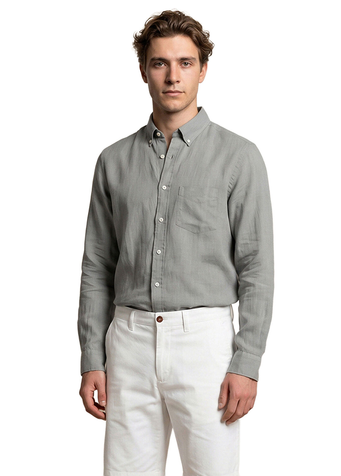 Gant Yeşil Keten Düğmeli Yaka Regular Fit Uzun Kollu Erkek Gömlek