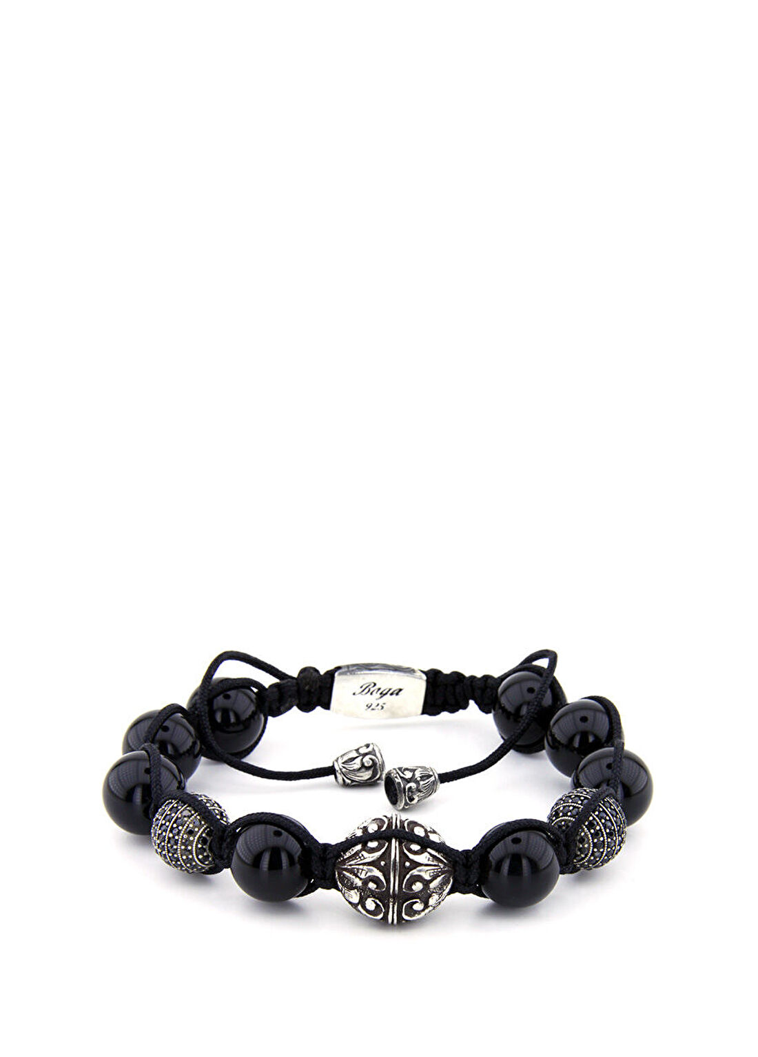 Boga Macrame Engraved Siyah Erkek Gümüş Bileklik