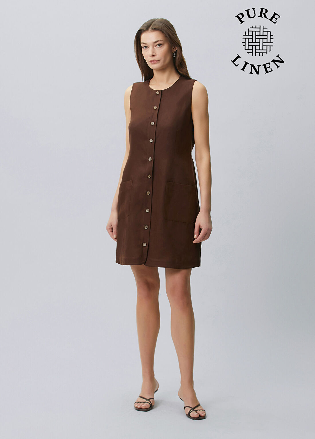 Beymen Collection Kahverengi Önü Düğmeli Mini Keten Elbise