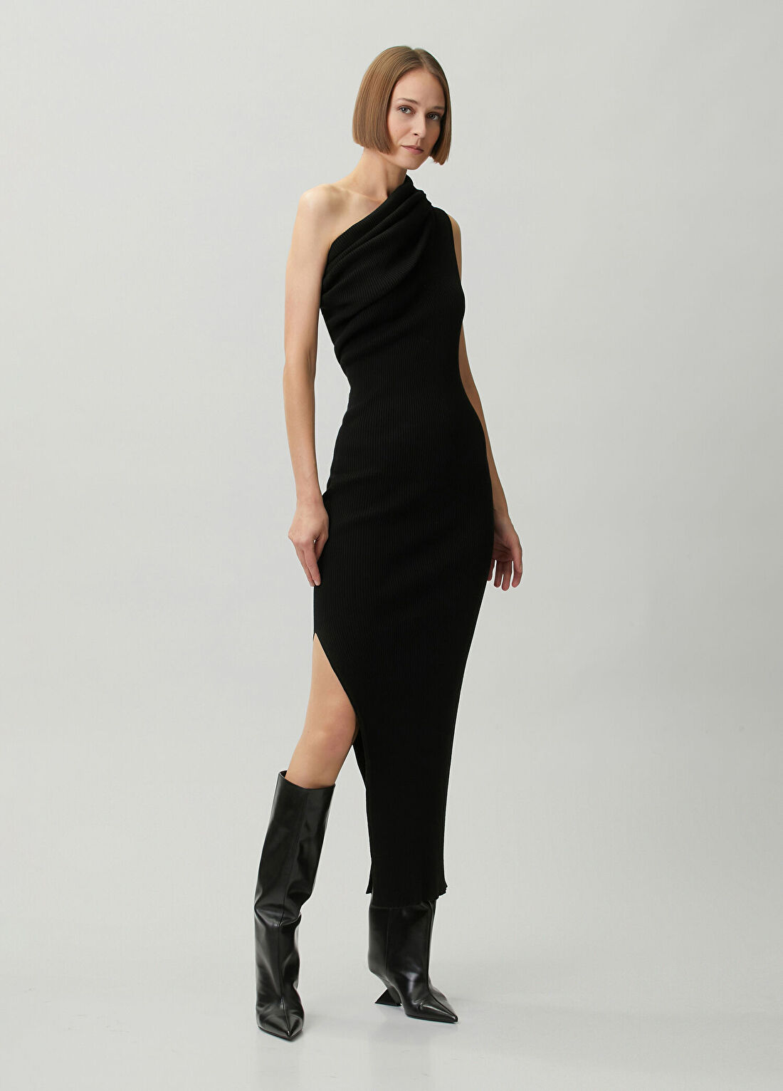 Rick Owens Siyah Tek Omuzlu Ribli Maksi Elbise
