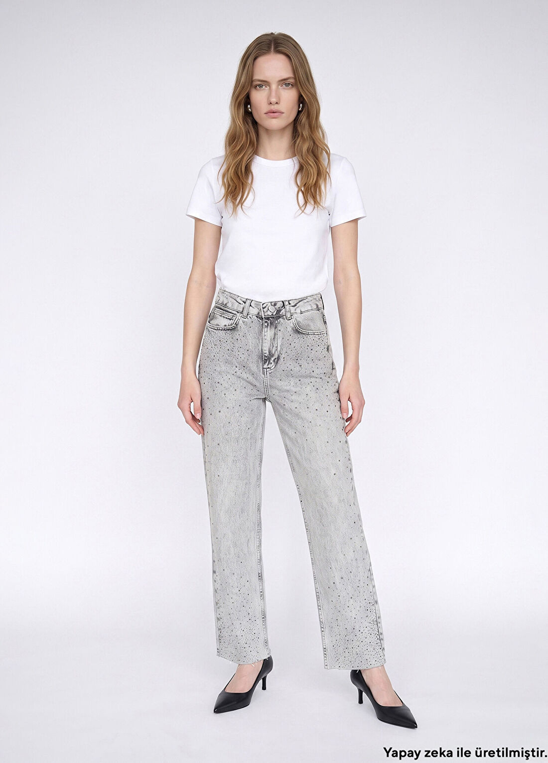 Network Açık Gri Kesik Paça Taş Baskılı Denim Pantolon