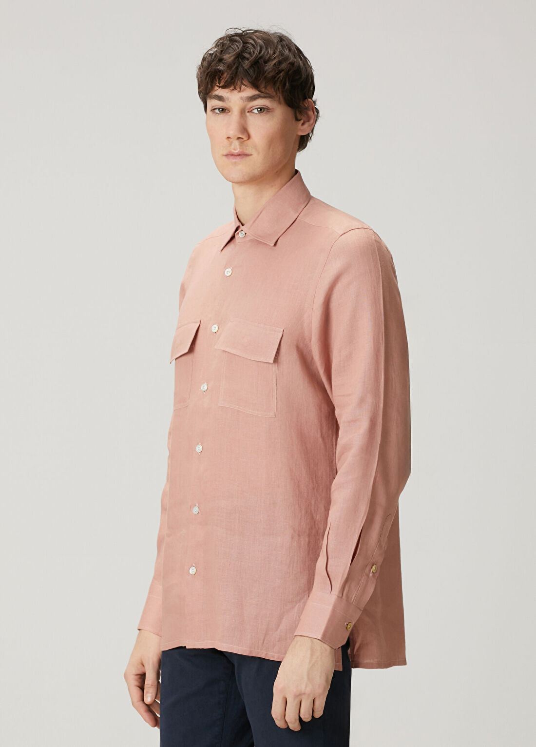 Kiton Pembe Keten Gömlek görsel 3