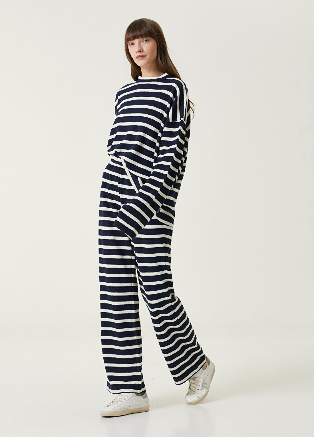 Dare London Skipper Çizgili Koyu Mavi Kadın Sweatshirt
