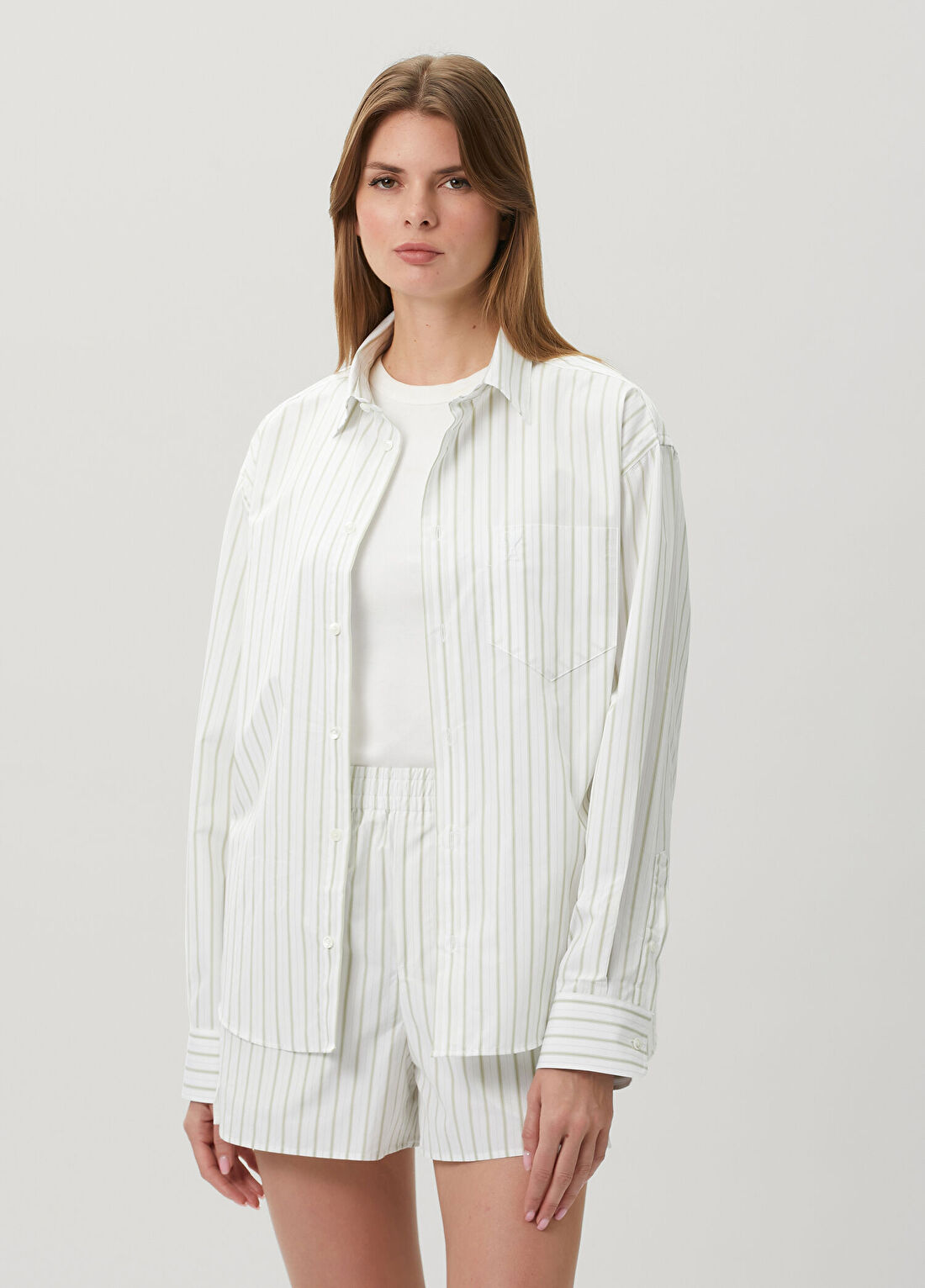 Ami Paris Boxy Fit Beyaz Yeşil Çizgili Poplin Gömlek