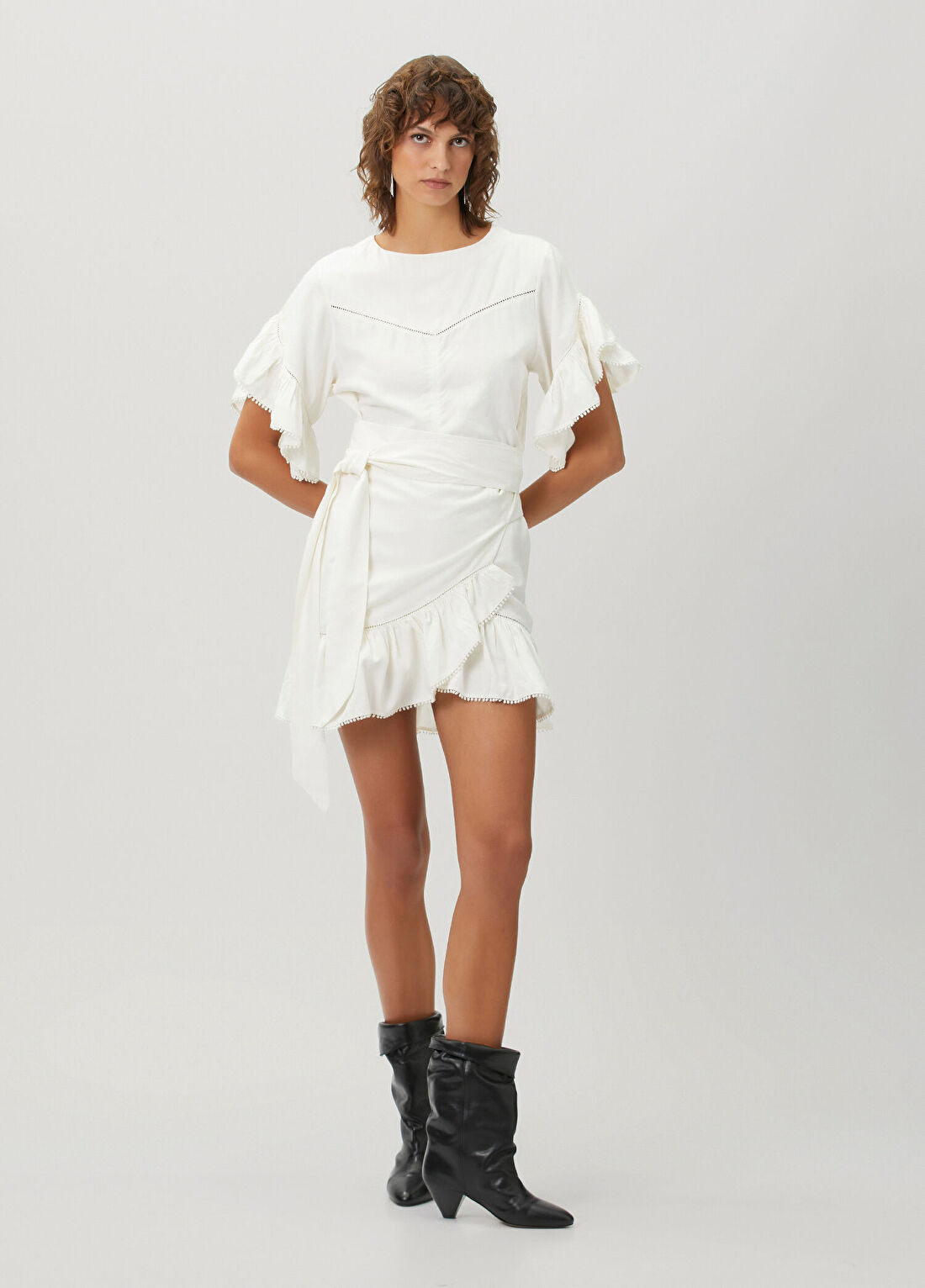 Marant Etoile Melicia Ekru Fırfırlı Mini Elbise